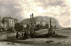 Mending-nets-at-East-Parade-beach-from-an-old-print-of-1842.
